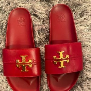 Tory Burch Everly Anatomic Cloud Leather Slides in RED - Size 10.5